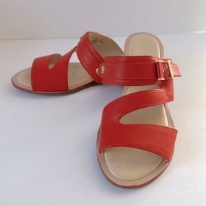 Kenneth Cole Reaction Slip On Flat Sandals 6.5 Coral Orange Wooden Look 1” Heel